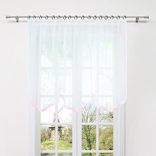 HongYa Gardine Store mit Kräuselband Transparenter Voile Bogenstore Blumenfenster Küche Vorhang mit Satinband H/B 100/300 cm Rosa von HongYa