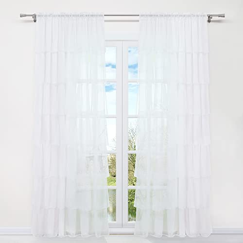 HongYa 1 Stück Voile Gardine Schal mit Rüschen Halbtransparenter Vorhang Tunnelzug Einfarbiger Fensterschal H/B 220/140 cm Weiß von HongYa