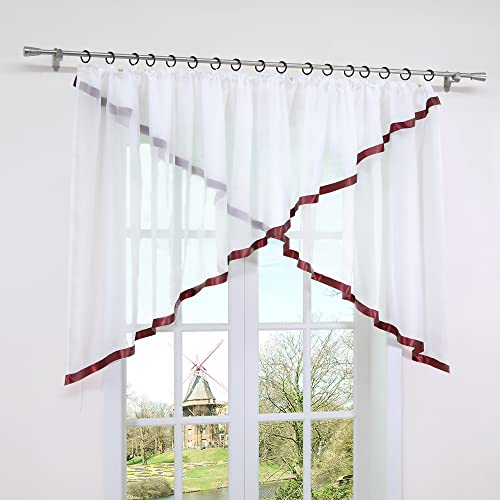 HongYa Kräuselband Kuvertstore Transparenter Voile Gardine mit Satinbänder H/B 100/300 cm Bordeaux von HongYa