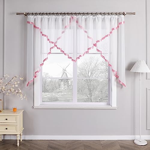 HongYa Kuvertstore Transparenter Voile Gardine mit Satinbänder Kräuselband Vorhang H/B 120/300 cm Rosa von HongYa