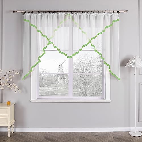 HongYa Kuvertstore transparenter Voile Gardine mit Satinbänder Kräuselband Vorhang H/B 120/450 cm Grün von HongYa