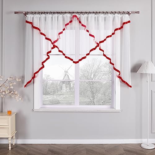 HongYa Kuvertstore transparenter Voile Gardine mit Satinbänder Kräuselband Vorhang H/B 120/600 cm Beere von HongYa