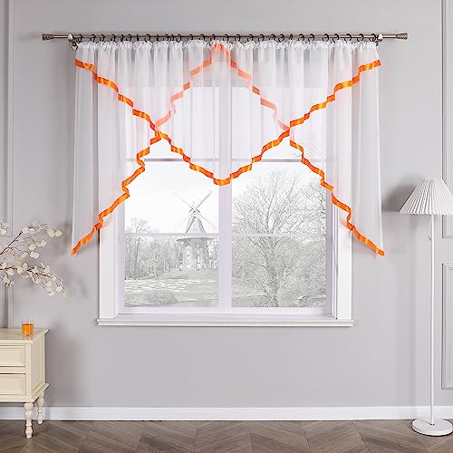 HongYa Kuvertstore transparenter Voile Gardine mit Satinbänder Kräuselband Vorhang H/B 120/600 cm Orange von HongYa