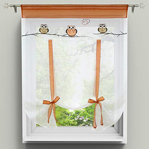 HongYa Raffrollo Bindegardine Eule Bestickte Küche Gardine Transparenter Vorhang Voile mit Tunnelzug H/B 100/80 cm Terra von HongYa