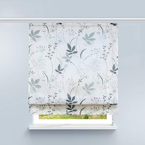 HongYa Raffrollo Voile Gardine Transparente Raffgardine mit Klettschiene Küche Vorhang Kleinfenster H/B 140/100 cm Blatt Muster von HongYa
