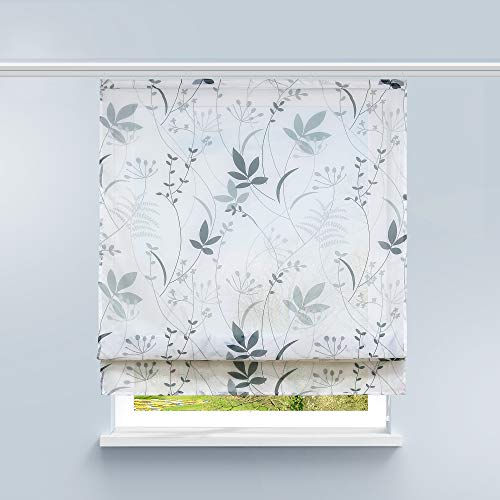 HongYa Raffrollo Voile Gardine Transparente Raffgardine mit Klettschiene Küche Vorhang Kleinfenster H/B 140/120 cm Blatt Muster von HongYa
