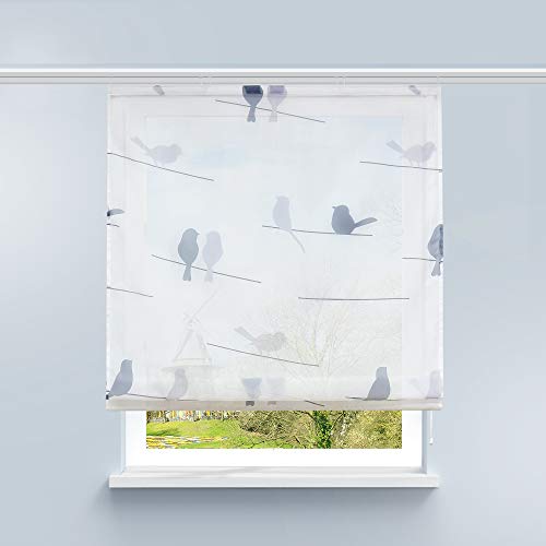 HongYa Raffrollo Voile Gardine Transparente Raffgardine mit Klettschiene Küche Vorhang Kleinfenster H/B 140/120 cm Vogel Muster von HongYa