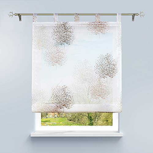 HongYa Raffrollo Voile Schlaufenrollo Transparente Raffgardine mit Schlaufen Küche Vorhang Kleinfenster H/B 140/80 cm Baum Muster von HongYa