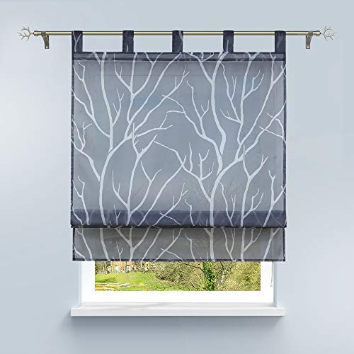 HongYa Raffrollo mit Schlaufen Transparente Raffgardine Voile Schlaufenrollo Küche Kleinfenster Gardine mit Äste Muster H/B 140/100 cm Grau von HongYa