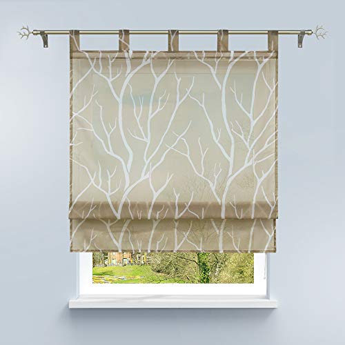 HongYa Raffrollo mit Schlaufen Transparente Raffgardine Voile Schlaufenrollo Küche Kleinfenster Gardine mit Äste Muster H/B 140/100 cm Sand von HongYa