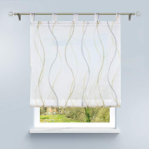 HongYa Raffrollo mit Schlaufen Transparentes Bändchenrollo Voile Gardine Küche Kleinfenster Vorhang mit Wellen Druck H/B 150/100 cm Bunt Sand von HongYa