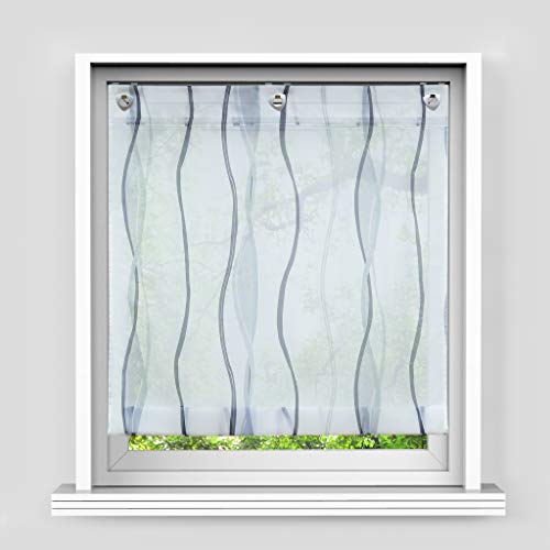 HongYa Raffrollo mit Wellen Druck Transparenter Voile Raffgardine Vorhang mit Hakenösen H/B 140/100 cm Weiß Silber von HongYa