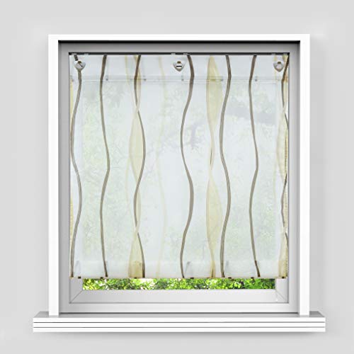 HongYa Raffrollo mit Wellen Druck Transparenter Voile Raffgardine Vorhang mit Hakenösen H/B 140/60 cm Creme Braun von HongYa