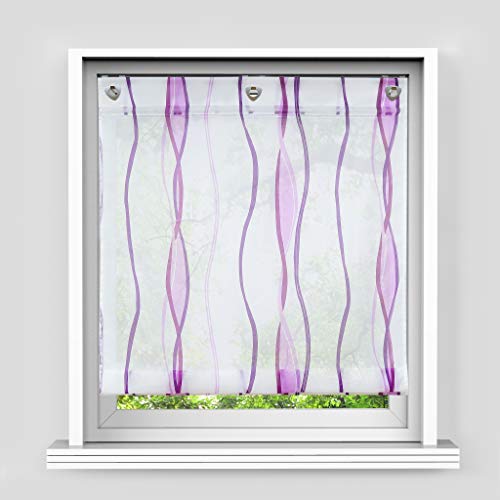 HongYa Raffrollo mit Wellen Druck Transparenter Voile Raffgardine Vorhang mit Hakenösen H/B 140/80 cm Weiß Beere von HongYa