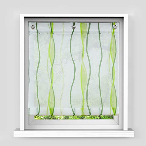 HongYa Raffrollo mit Wellen Druck Transparenter Voile Raffgardine Vorhang mit HakenösenH/B 140/120 cm Creme Grün von HongYa