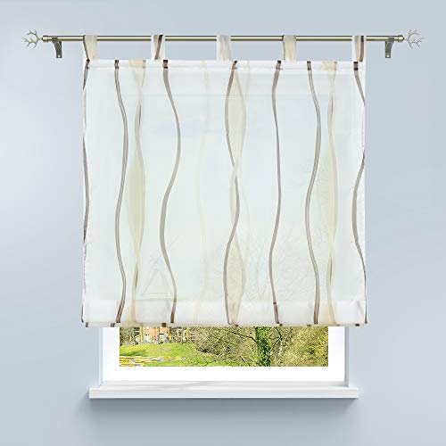 HongYa Raffrollo mit Wellen Druck Transparenter Voile Raffgardine Vorhang mit Schlaufen H/B 140/100 cm Creme Braun von HongYa