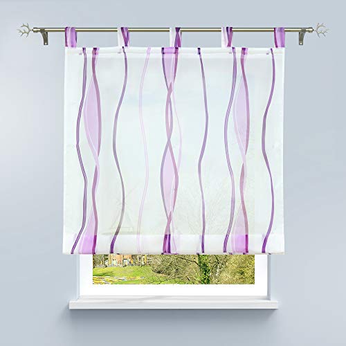 HongYa Raffrollo mit Wellen Druck Transparenter Voile Raffgardine Vorhang mit Schlaufen H/B 140/100 cm Weiß Beere von HongYa