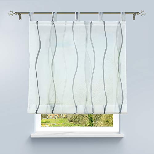 HongYa Raffrollo mit Wellen Druck Transparenter Voile Raffgardine Vorhang mit Schlaufen H/B 140/120 cm Weiß Silber von HongYa