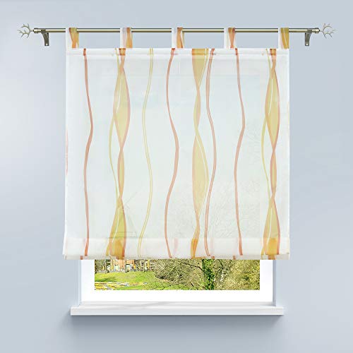 HongYa Raffrollo mit Wellen Druck Transparenter Voile Raffgardine Vorhang mit Schlaufen H/B 140/60 cm Creme Terra von HongYa