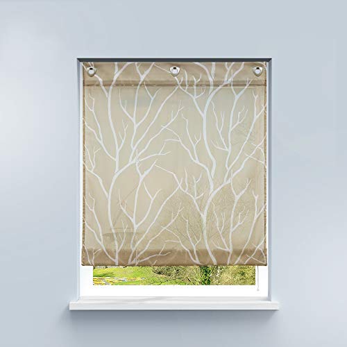 HongYa Raffrollo ohne Bohren Transparente Raffgardine Voile Ösenrollo Küche Kleinfenster Gardine mit Hakenösen Äste Muster H/B 140/100 cm Sand von HongYa