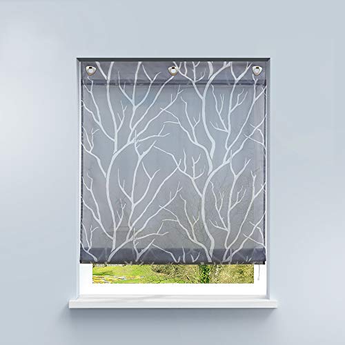 HongYa Raffrollo ohne Bohren Transparente Raffgardine Voile Ösenrollo Küche Kleinfenster Gardine mit Hakenösen Äste Muster H/B 140/60 cm Grau von HongYa
