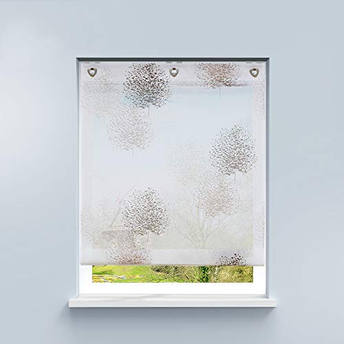 HongYa Raffrollo ohne Bohren Voile Ösenrollo Transparente Raffgardine mit Hakenaufhängung Küche Vorhang Kleinfenster H/B 140/100 cm Baum Muster von HongYa