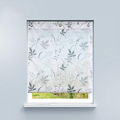 HongYa Raffrollo ohne Bohren Voile Ösenrollo Transparente Raffgardine mit Hakenaufhängung Küche Vorhang Kleinfenster H/B 140/100 cm Blatt Muster von HongYa