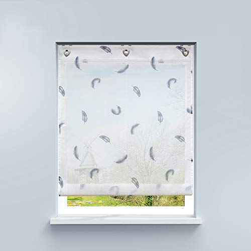 HongYa Raffrollo ohne Bohren Voile Ösenrollo Transparente Raffgardine mit Hakenaufhängung Küche Vorhang Kleinfenster H/B 140/100 cm Feder Muster von HongYa