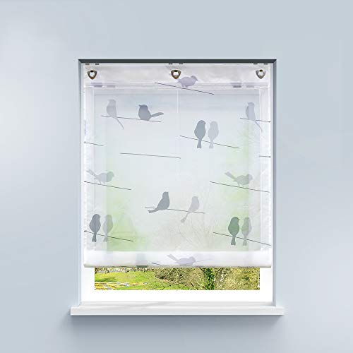 HongYa Raffrollo ohne Bohren Voile Ösenrollo Transparente Raffgardine mit Hakenaufhängung Küche Vorhang Kleinfenster H/B 140/60 cm Vogel Muster von HongYa