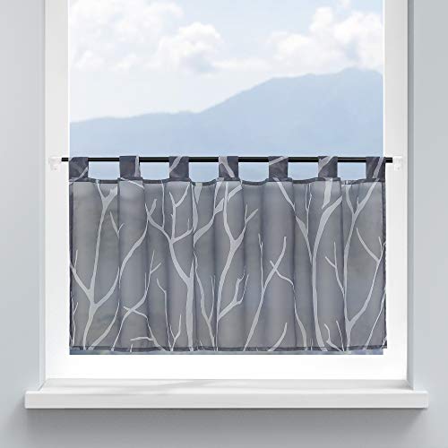 HongYa Scheibengardine Küche Voile Bistrogardine mit Schlaufen Transparente Gardine für Kleinfenster Äste Muster H/B 60/120 cm Grau von HongYa