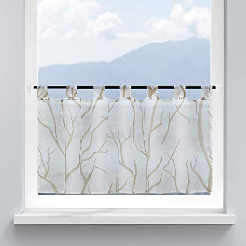 HongYa Scheibengardine Küche Voile Bistrogardine mit Schlaufen Transparente Gardine für Kleinfenster Äste Muster H/B 60/140 cm Weiß Sand von HongYa