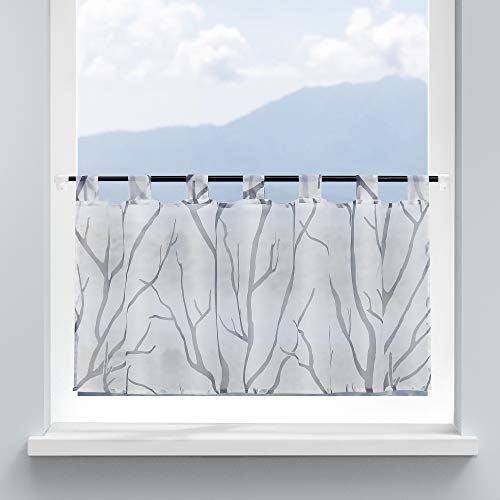 HongYa Scheibengardine Küche Voile Bistrogardine mit Schlaufen Transparente Gardine für Kleinfenster Äste Muster H/B 60/90 cm Weiß Grau von HongYa