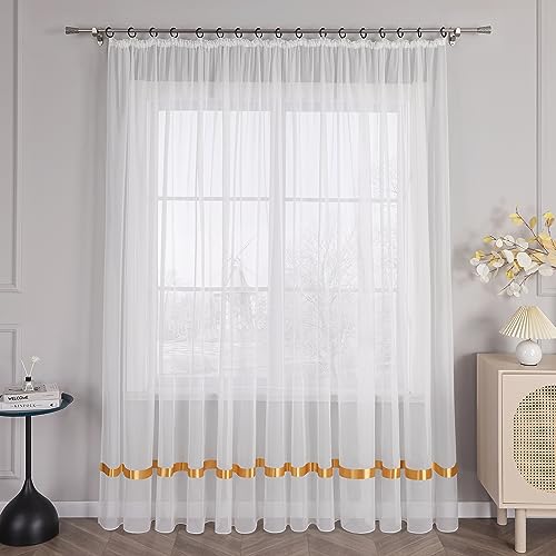 HongYa Stores Voile Gardine Schal Transparenter Vorhang mit Satinband Kräuselband H/B 120/300 cm Gelb von HongYa