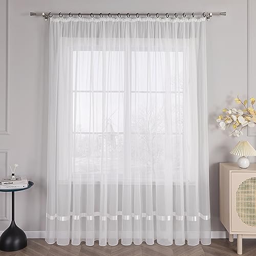 HongYa Stores Voile Gardine Schal Transparenter Vorhang mit Satinband Kräuselband H/B 145/300 cm Weiß von HongYa