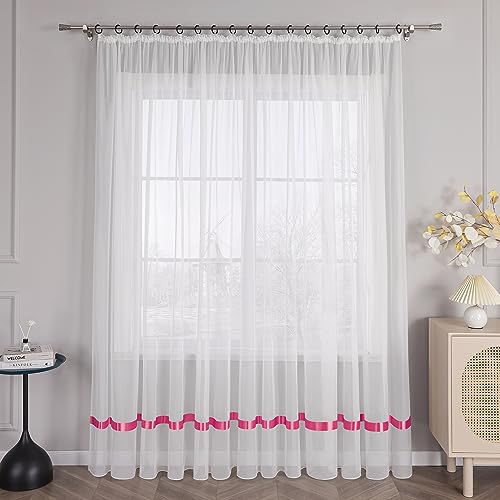 HongYa Stores Voile Gardine Schal Transparenter Vorhang mit Satinband Kräuselband H/B 170/450 cm Dunkelrosa von HongYa