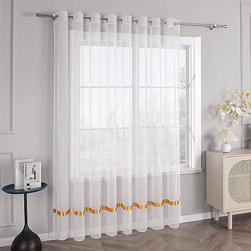 HongYa Stores Voile Gardine Schal Transparenter Vorhang mit Satinband Ösen H/B 145/450 cm Gelb von HongYa