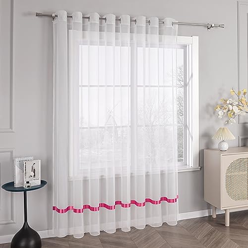 HongYa Stores Voile Gardine Schal Transparenter Vorhang mit Satinband Ösen H/B 145/450 cm Dunkelrosa von HongYa