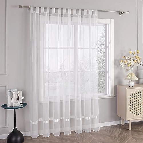 HongYa Stores Voile Gardine Schal Transparenter Vorhang mit Satinband Schlaufen H/B 100/300 cm Weiß von HongYa