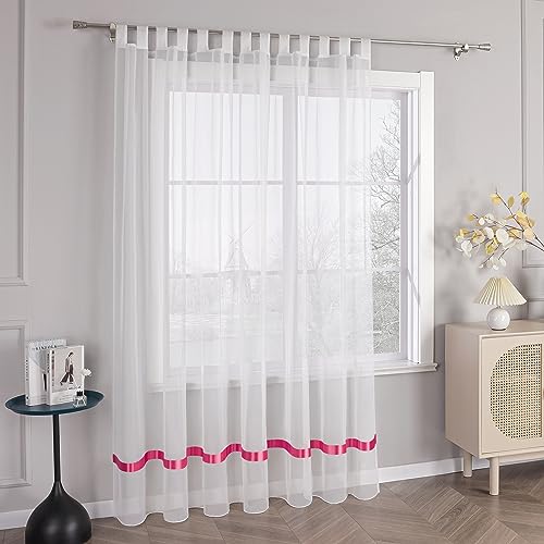 HongYa Stores Voile Gardine Schal Transparenter Vorhang mit Satinband Schlaufen H/B 145/300 cm Dunkelrosa von HongYa