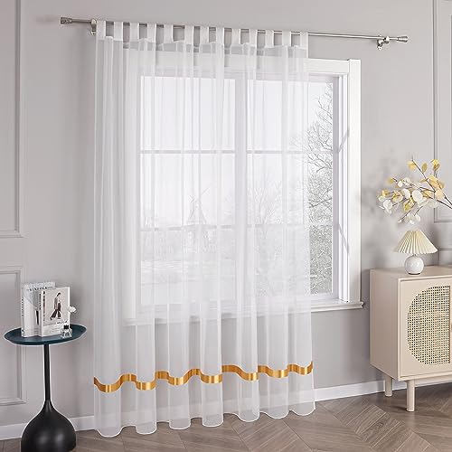 HongYa Stores Voile Gardine Schal Transparenter Vorhang mit Satinband Schlaufen H/B 145/450 cm Gelb von HongYa