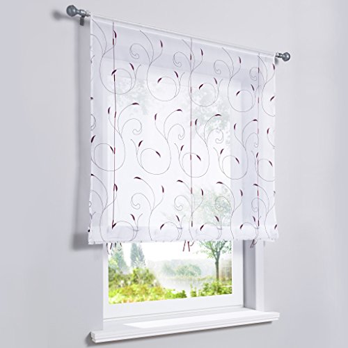 HongYa Transparenter Voile Bändchenrollo Tunnelzug Raffrollo Raffgardine mit Ranken-Stickerei H/B 140/140 cm Beere von HongYa