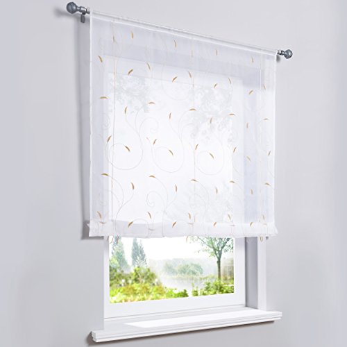 HongYa Transparenter Voile Bändchenrollo Tunnelzug Raffrollo Raffgardine mit Ranken-Stickerei H/B 140/140 cm Sand von HongYa