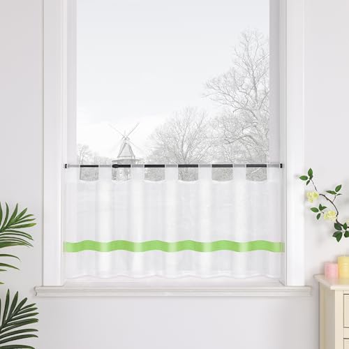HongYa Transparenter Voile Scheibengardine Satinband Bistrogardine Küchen Vorhang mit Schlaufen H/B 45/120 cm Grün von HongYa