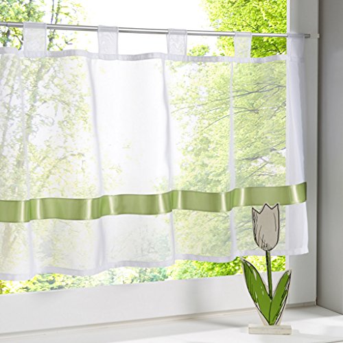 HongYa Transparenter Voile Scheibengardine Satinband Bistrogardine Küchen Vorhang mit Schlaufen H/B 60/120 cm Grün von HongYa