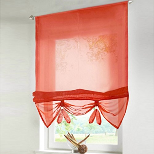 HongYa Uni Raffrollo Tunnelzug Raffgardine Transparenter Voile Bändchenrollo Küche Gardine H/B 155/80 cm Rot von HongYa