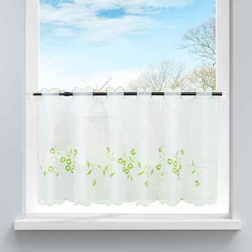 HongYa Voile Scheibengardine Transparenter Cafe Vorhang Kurzstore mit Blüten-Stickerei H/B 30/120 cm Grün von HongYa