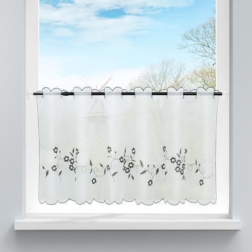 HongYa Voile Scheibengardine Transparenter Cafe Vorhang Kurzstore mit Blüten-Stickerei H/B 45/90 cm Grau von HongYa
