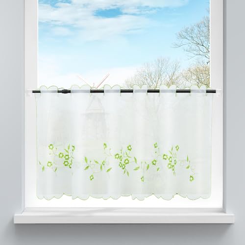 HongYa Voile Scheibengardine Transparenter Cafe Vorhang Kurzstore mit Blüten-Stickerei H/B 60/140 cm Grün HongYa Voile Scheibengardine Transparenter Cafe Vorhang Kurzstore mit Blüten-Stickerei H/B 60/140 cm Grün von HongYa