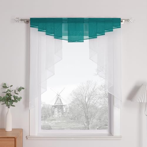 HongYa transparenter Voile Scheibengardine Tunnelzug Kurzstore Küche Kleinfenster Gardine H/B 145/140 cm Türkis von HongYa