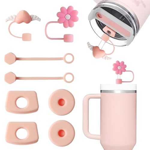 8 Stück für Stanley Cup Zubehör Set 6pcs Auslaufstopfen mit 2pcs Strohhalm Straw Cover Abdeckung für 9-10 mm Strohhalm für Adventure Quencher 1.0 und 2.0 30oz 40oz (Pink) (Cups nicht enthalten) von Hongma